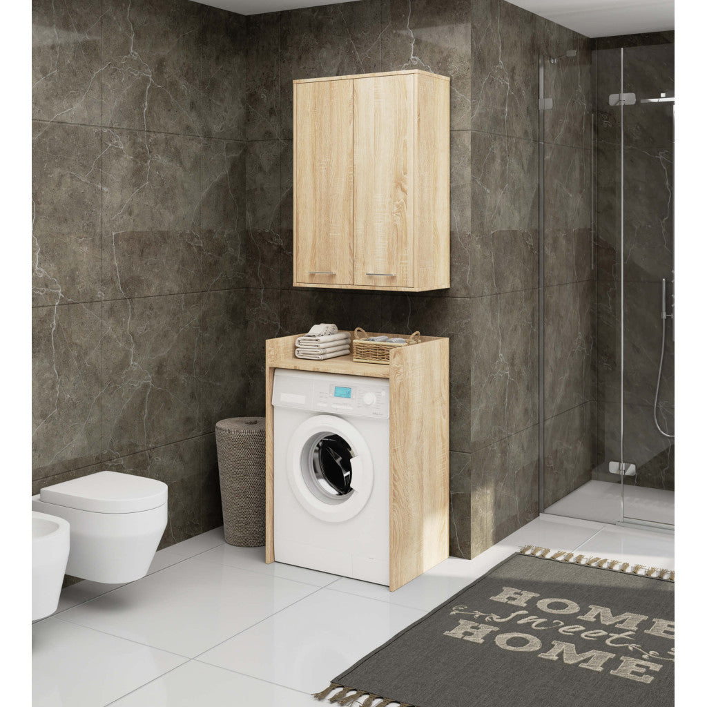 Dulap baie suspendat, cu 2 usi si 4 rafturi interioare, PAL 16 mm, 64x30x94 cm, stejar sonoma