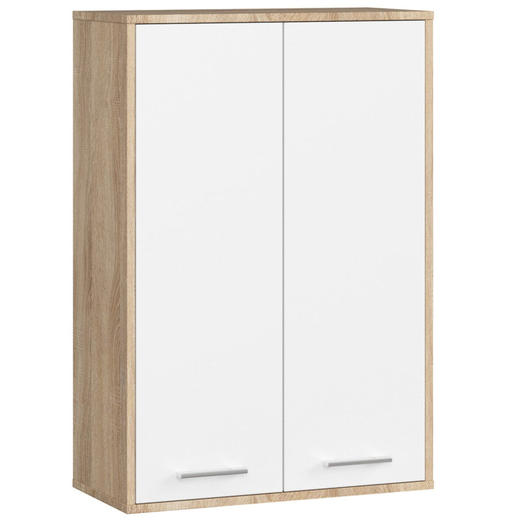 Dulap baie suspendat, cu 2 usi si 4 rafturi interioare, PAL 16 mm, 64x30x94 cm, stejar sonoma si alb