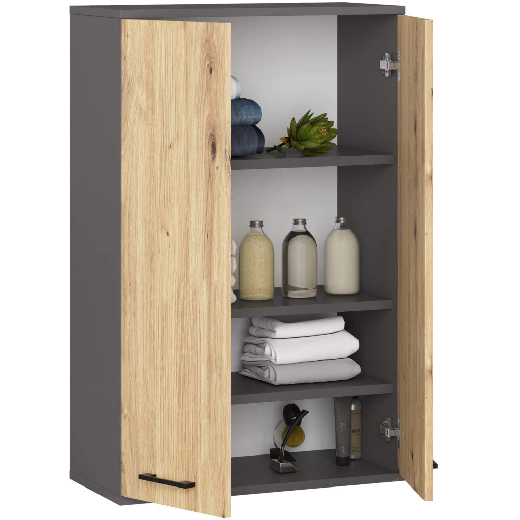 Dulap baie suspendat, cu 2 usi si 4 rafturi interioare, PAL 16 mm, 64x30x94 cm, gri si stejar artisan
