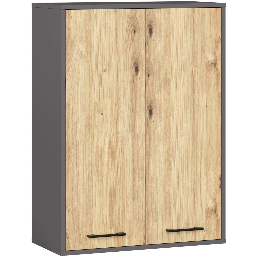 Dulap baie suspendat, cu 2 usi si 4 rafturi interioare, PAL 16 mm, 64x30x94 cm, gri si stejar artisan