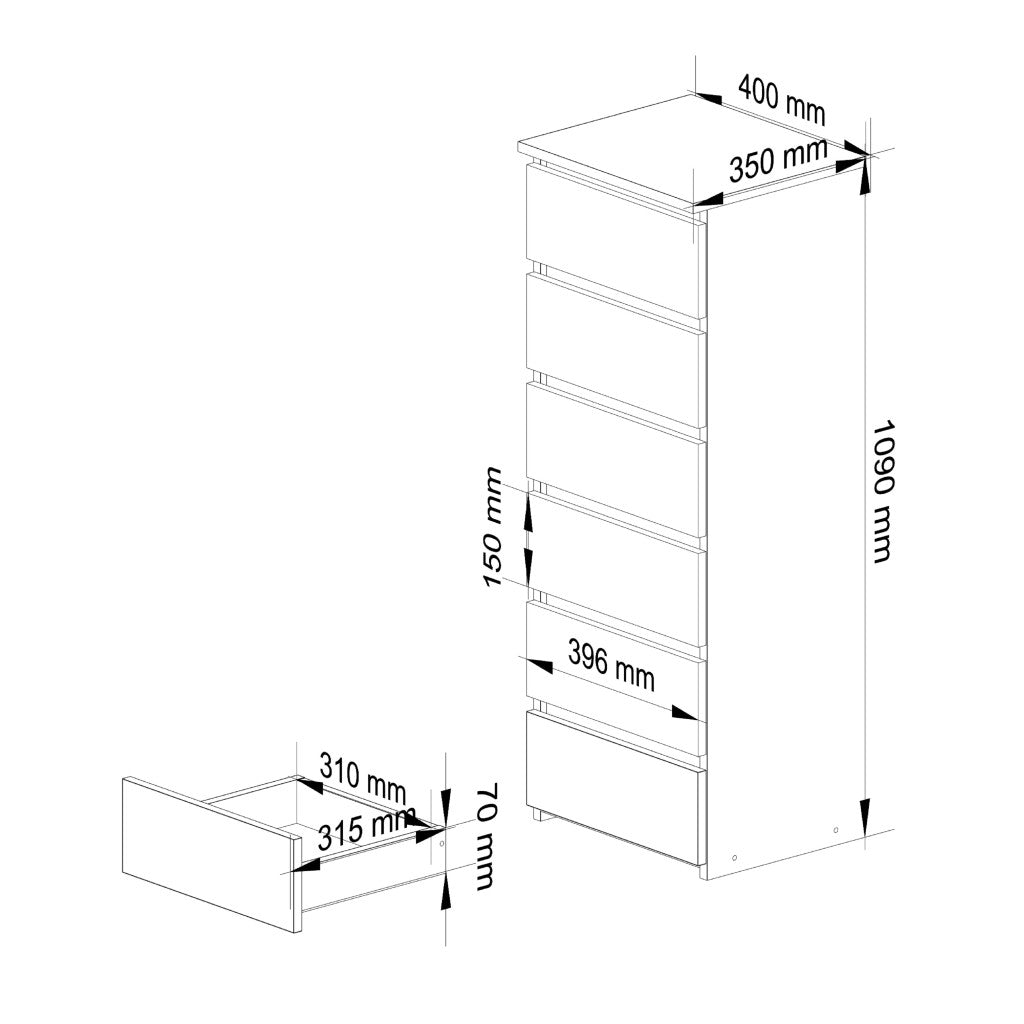 Comoda cu 6 sertare, PAL laminat 16 mm, 40x35x109 cm, gri si alb