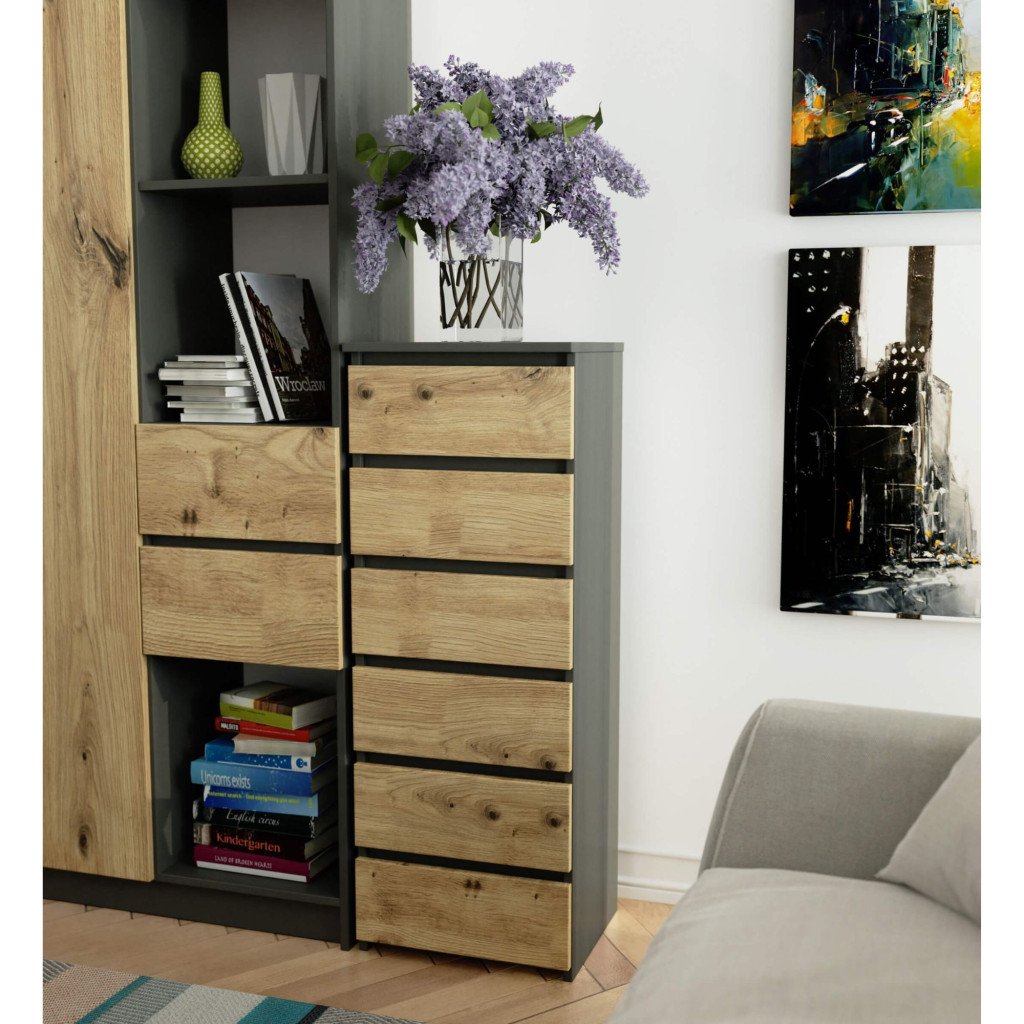 Comoda cu 6 sertare, PAL laminat 16 mm, 40x35x109 cm, gri si stejar artisan