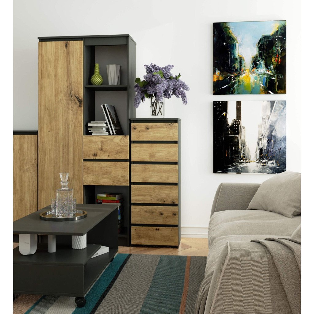 Comoda cu 6 sertare, PAL laminat 16 mm, 40x35x109 cm, gri si stejar artisan