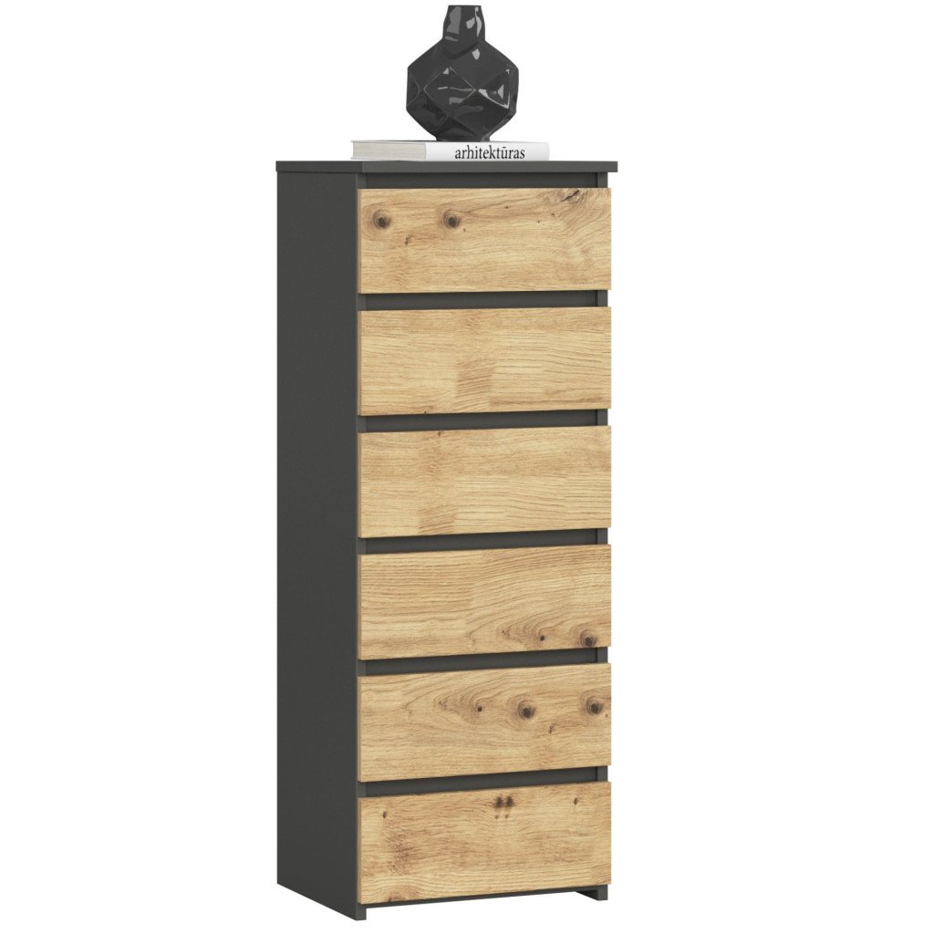 Comoda cu 6 sertare, PAL laminat 16 mm, 40x35x109 cm, gri si stejar artisan