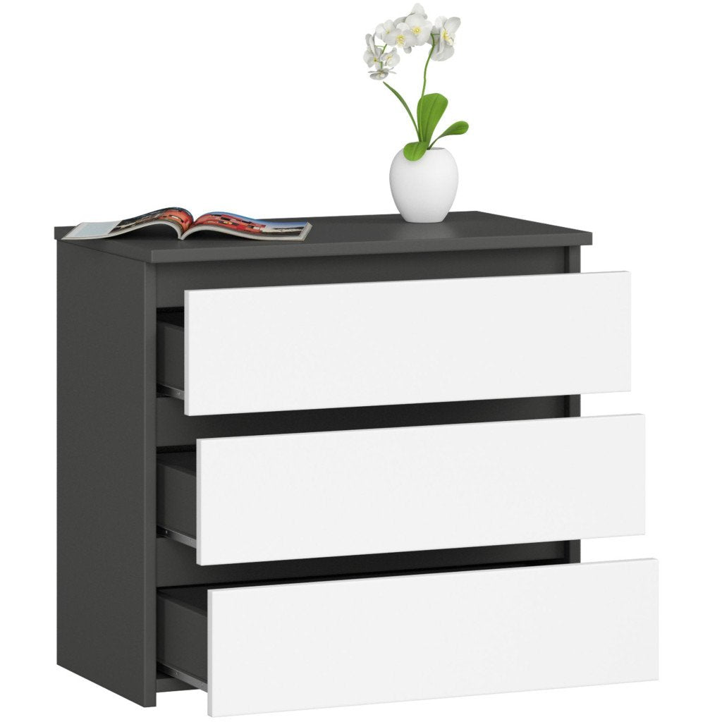 Noptiera cu 3 sertare, PAL laminat 16 mm, 60x35x57 cm, gri si alb