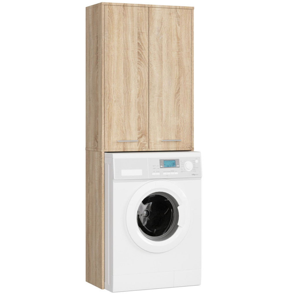 Dulap de baie cu 2 usi si 4 rafturi, pentru spatiul de deasupra masinii de spalat, 64x30x180 cm, stejar sonoma
