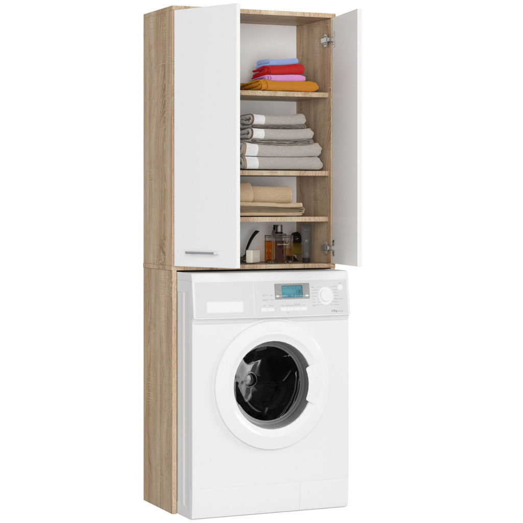 Dulap de baie cu 2 usi si 4 rafturi, pentru spatiul de deasupra masinii de spalat, 64x30x180 cm, stejar sonoma si alb - 2