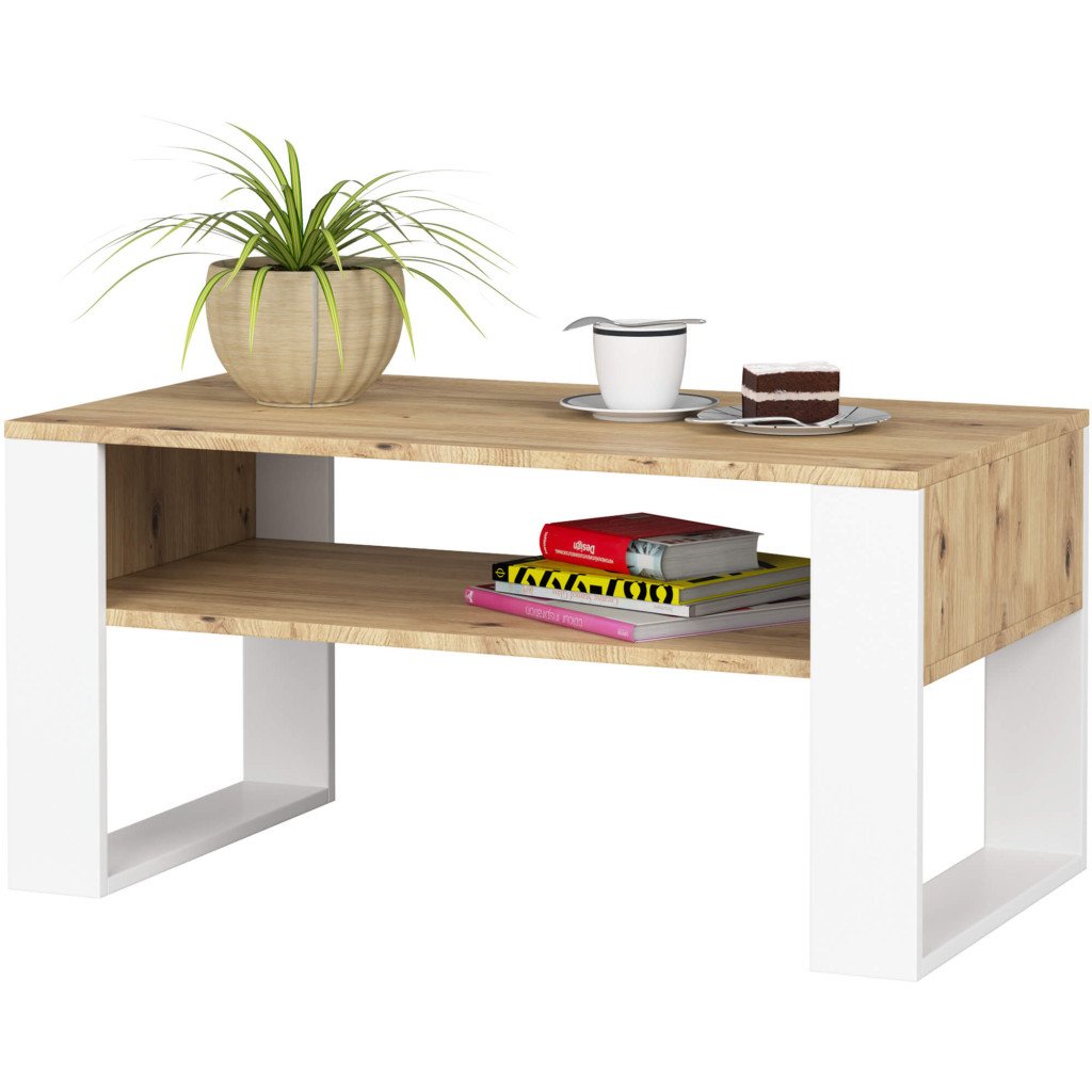 Masuta de cafea Domi cu raft inferior, blat laminat, 92x50x45 cm, stejar artisan si alb