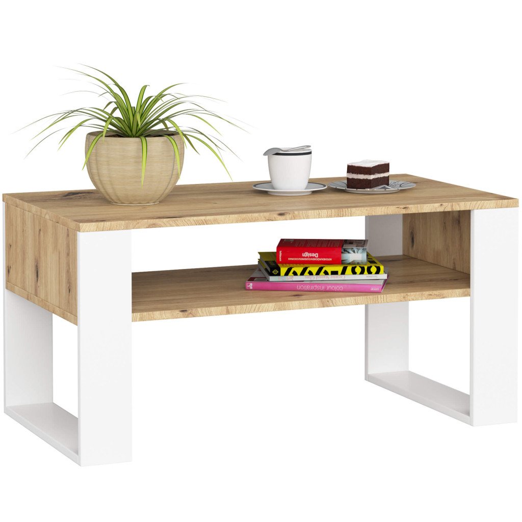 Masuta de cafea Domi cu raft inferior, blat laminat, 92x50x45 cm, stejar artisan si alb