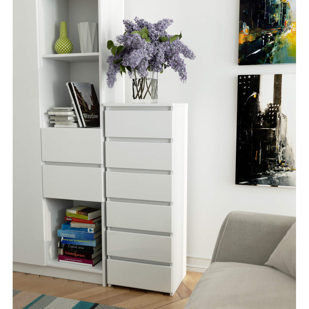 Comoda cu 6 sertare, PAL laminat 16 mm, 40x35x109 cm, alb mat