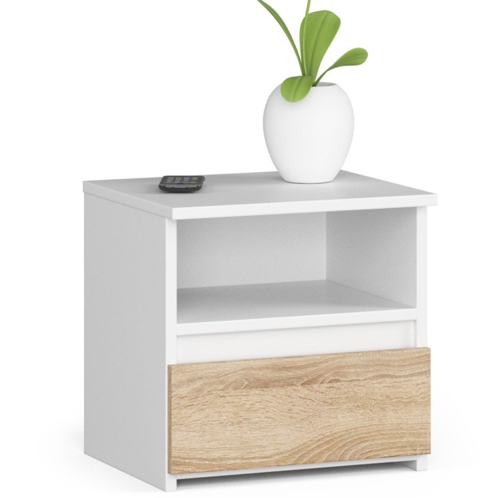 Noptiera cu 1 sertar, PAL laminat 16mm, 40x35x40 cm, alb si stejar sonoma