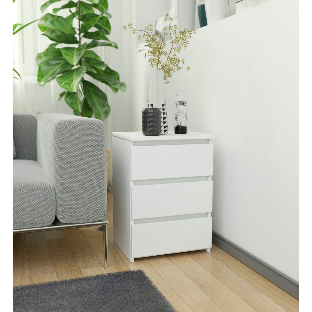 Noptiera cu 3 sertare, PAL laminat 16 mm, 40x35x57 cm, alb