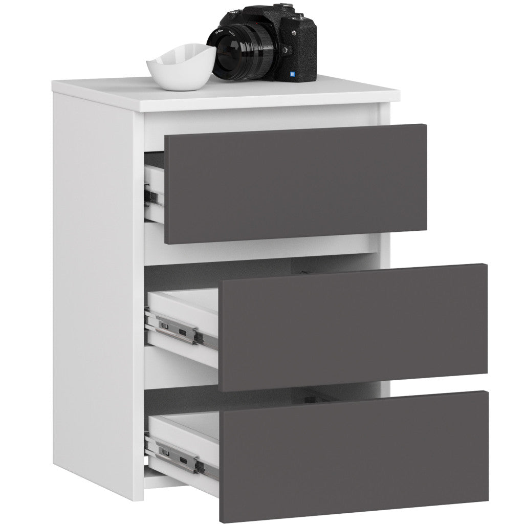 Noptiera cu 3 sertare, PAL laminat 16 mm, 40x35x57 cm, alb si gri