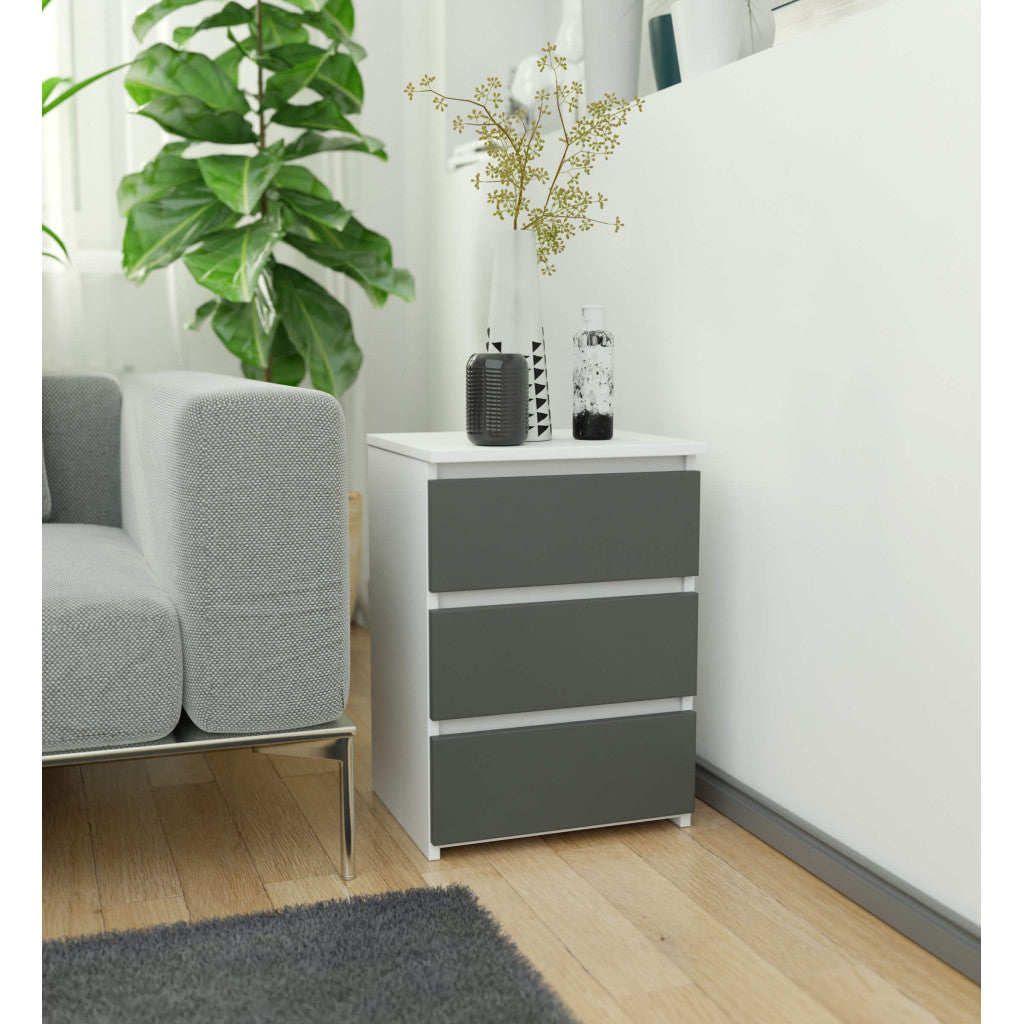 Noptiera cu 3 sertare, PAL laminat 16 mm, 40x35x57 cm, alb si gri