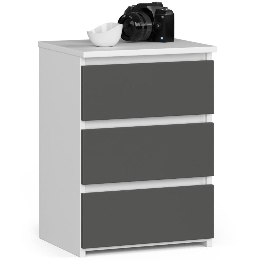 Noptiera cu 3 sertare, PAL laminat 16 mm, 40x35x57 cm, alb si gri