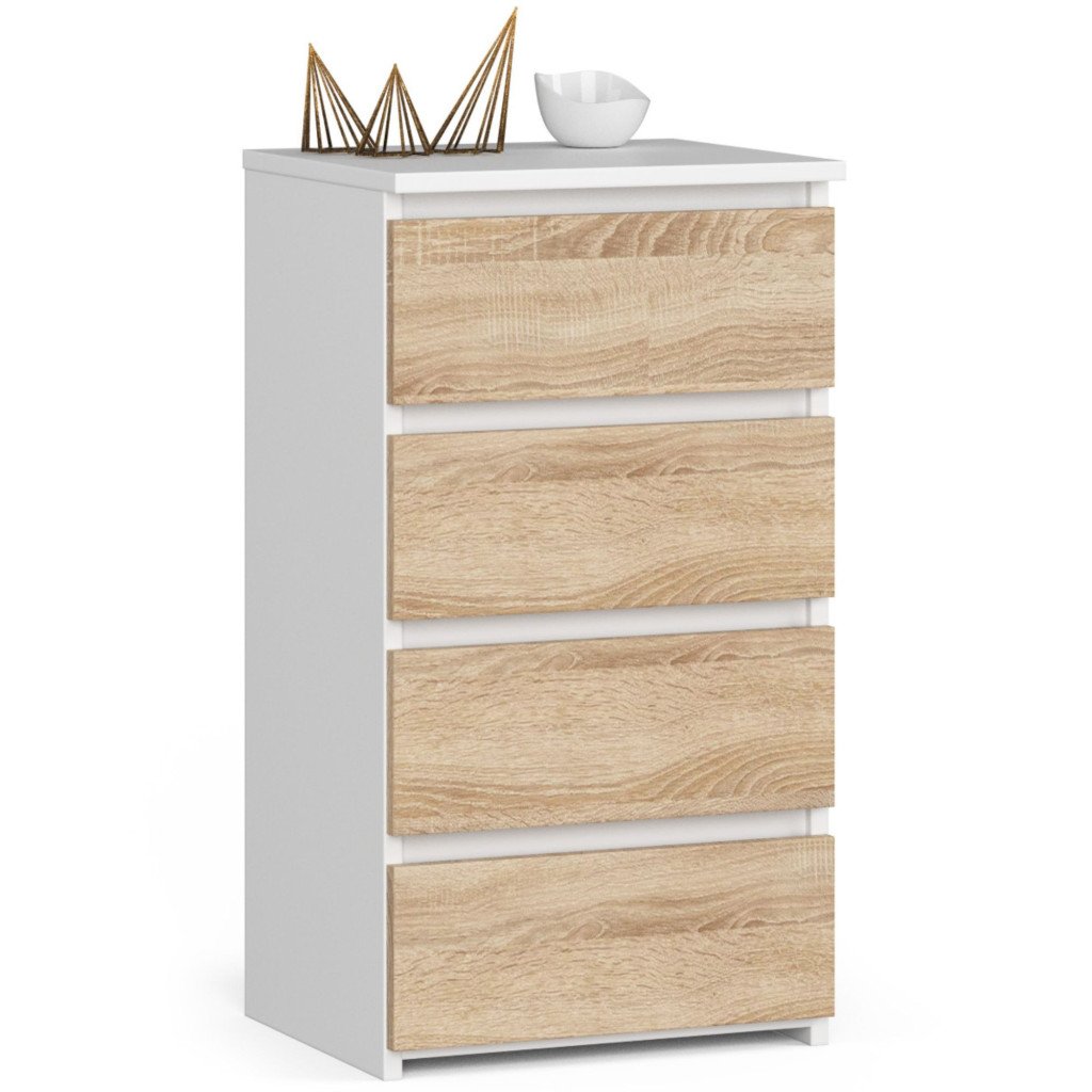 Comoda cu 4 sertare, PAL laminat 16mm, 40x35x74 cm, alb si stejar sonoma