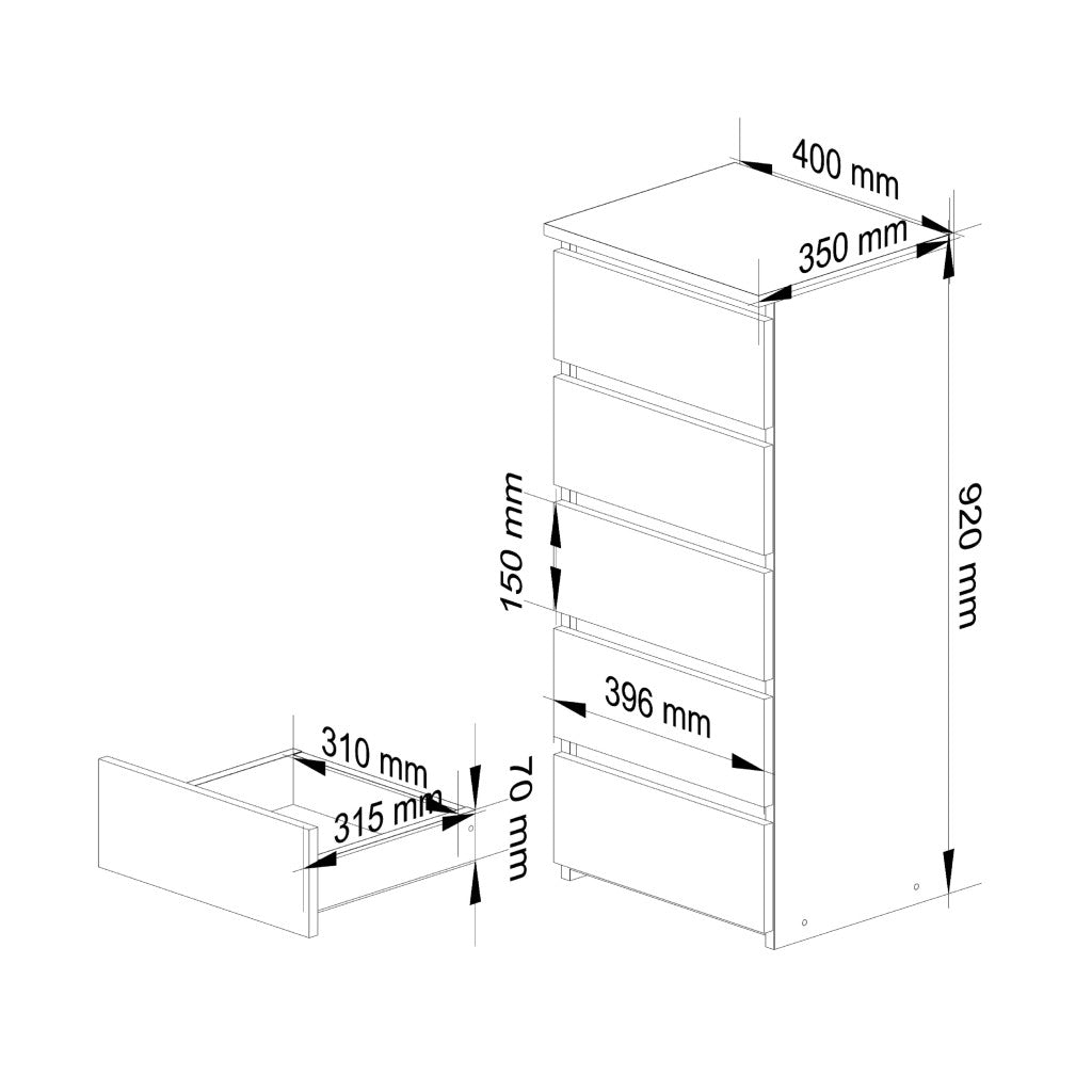 Comoda cu 5 sertare, PAL laminat, 40x35x92 cm, alb mat