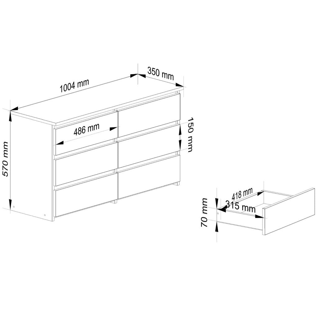 Comoda cu 6 sertare, PAL laminat, 100x35x57 cm, alb mat