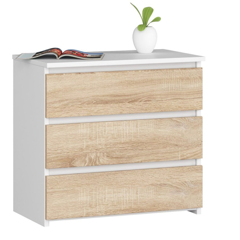 Noptiera cu 3 sertare, PAL laminat 16 mm, 60x35x57 cm, alb si stejar sonoma