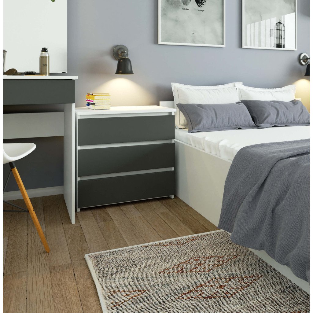 Noptiera cu 3 sertare, PAL laminat 16 mm, 60x35x57 cm, alb si gri