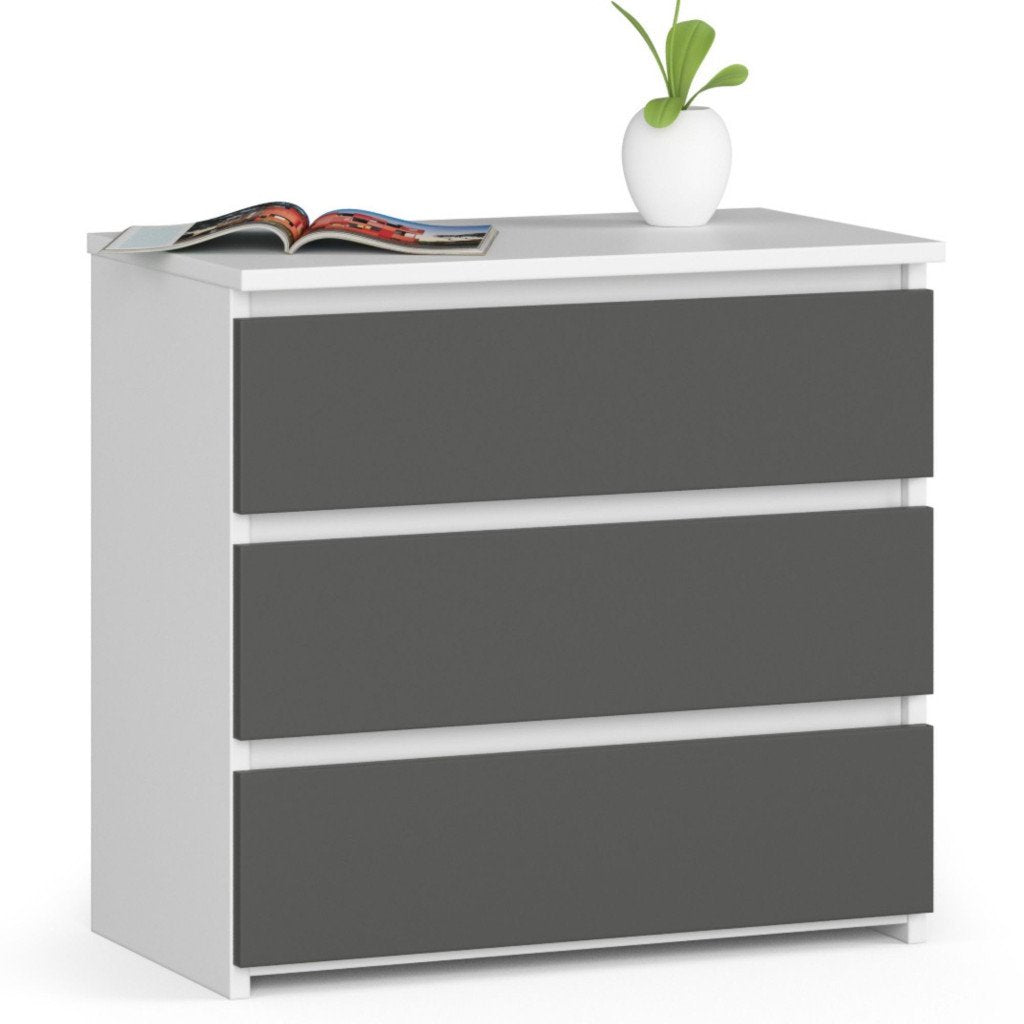 Noptiera cu 3 sertare, PAL laminat 16 mm, 60x35x57 cm, alb si gri