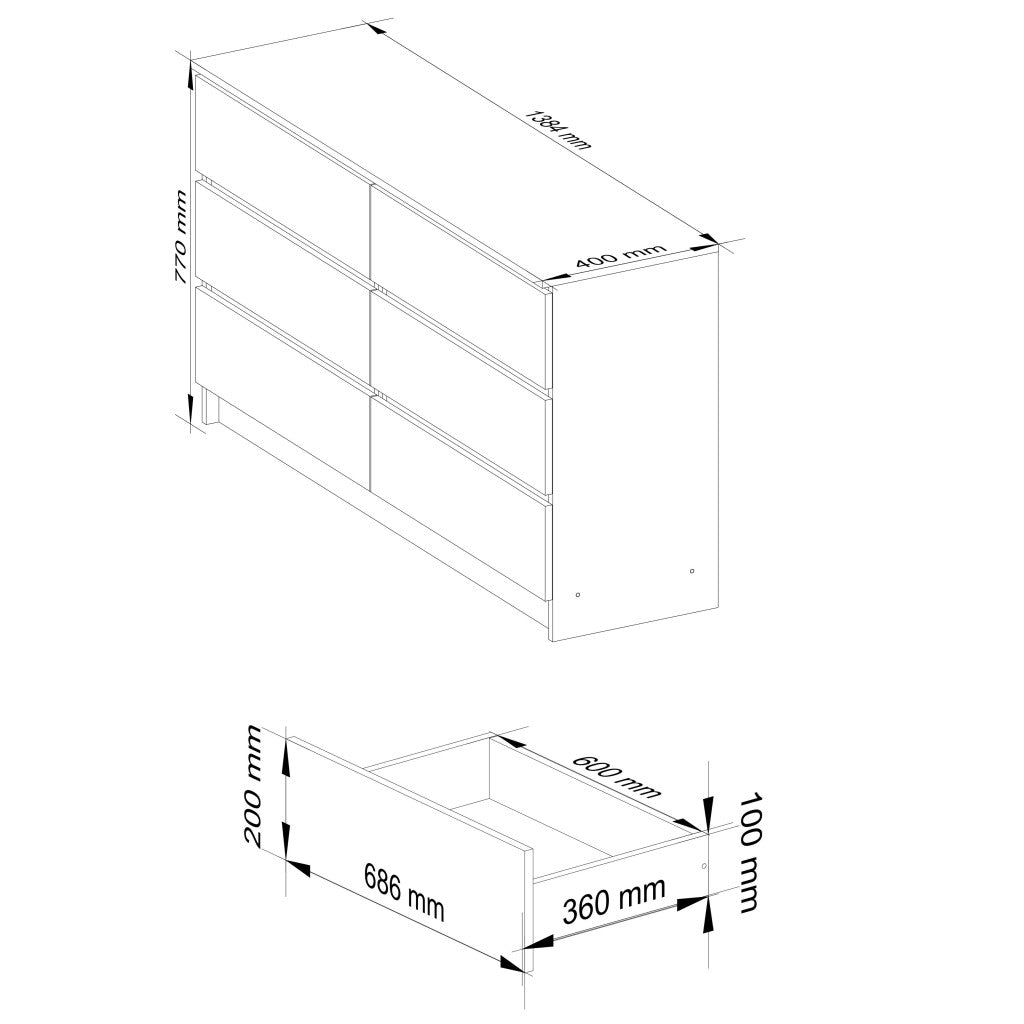 Comoda cu 6 sertare, PAL laminat, 138x40x77 cm, alb mat
