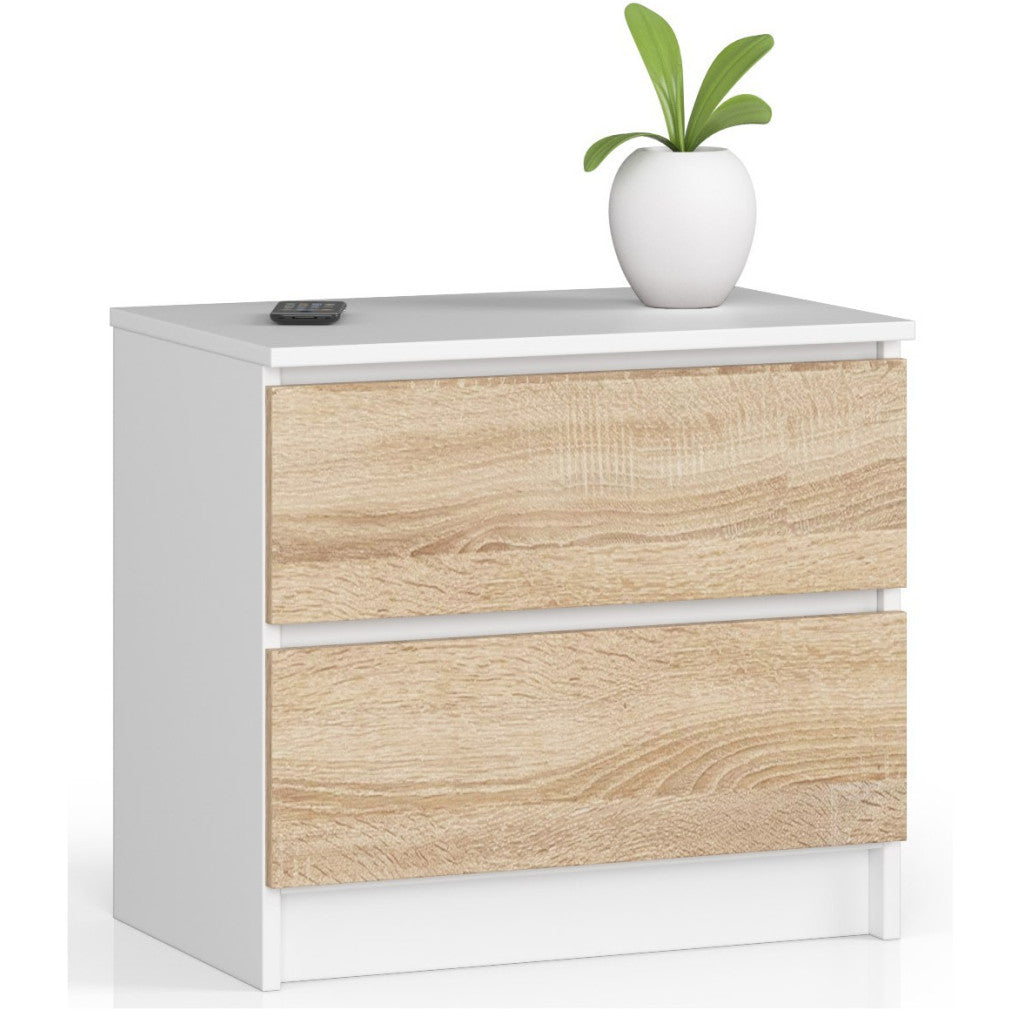 Noptiera cu 2 sertare din PAL laminat 16 mm, 60x40x55 cm, alb si stejar sonoma