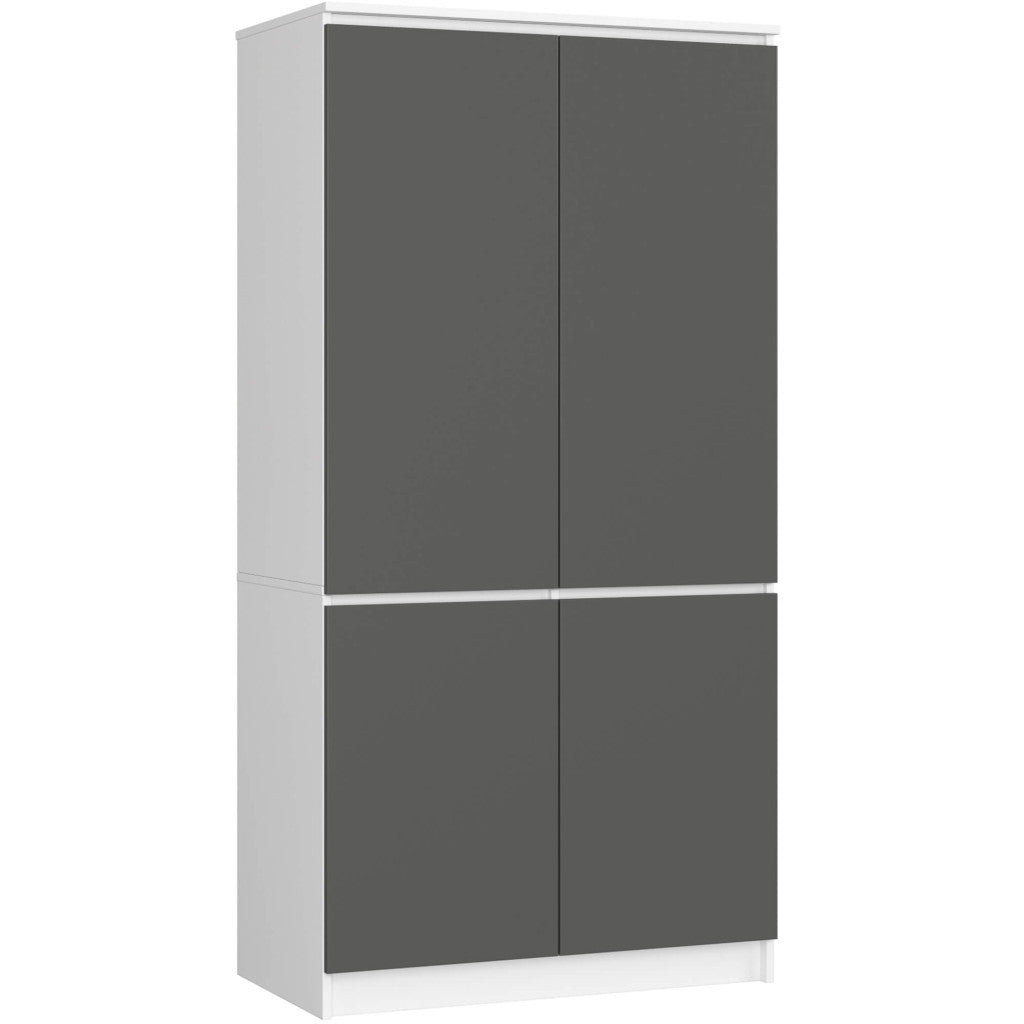 Dulap cu 4 usi, rafturi si bara pentru umerase, PAL laminat, 90x51x180 cm, alb si gri grafit