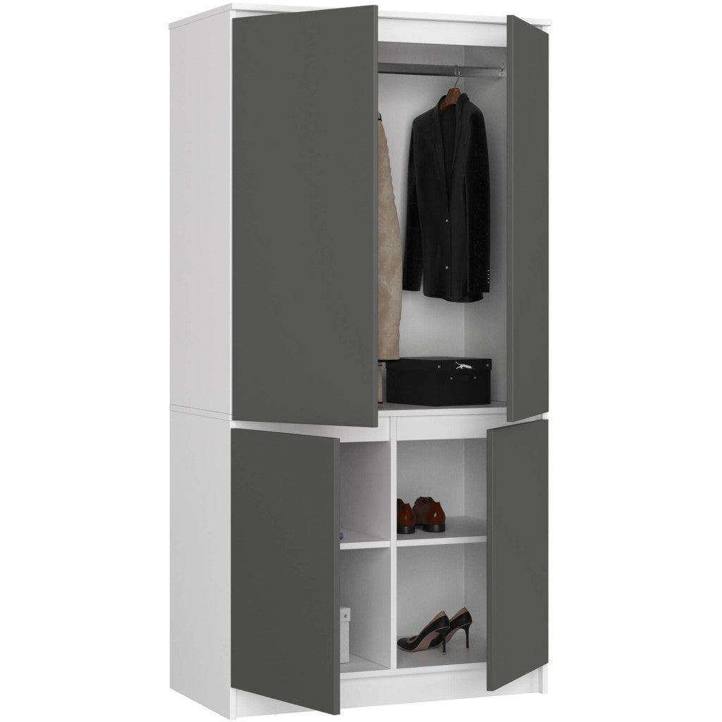 Dulap cu 4 usi, rafturi si bara pentru umerase, PAL laminat, 90x51x180 cm, alb si gri grafit