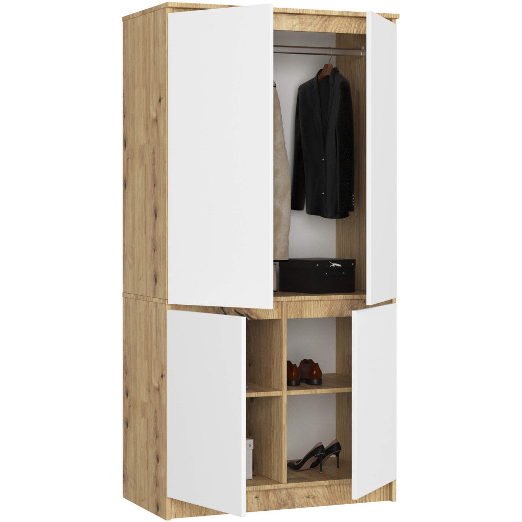 Dulap cu 4 usi, rafturi si bara pentru umerase, PAL laminat, 90x51x180 cm, stejar artisan si alb