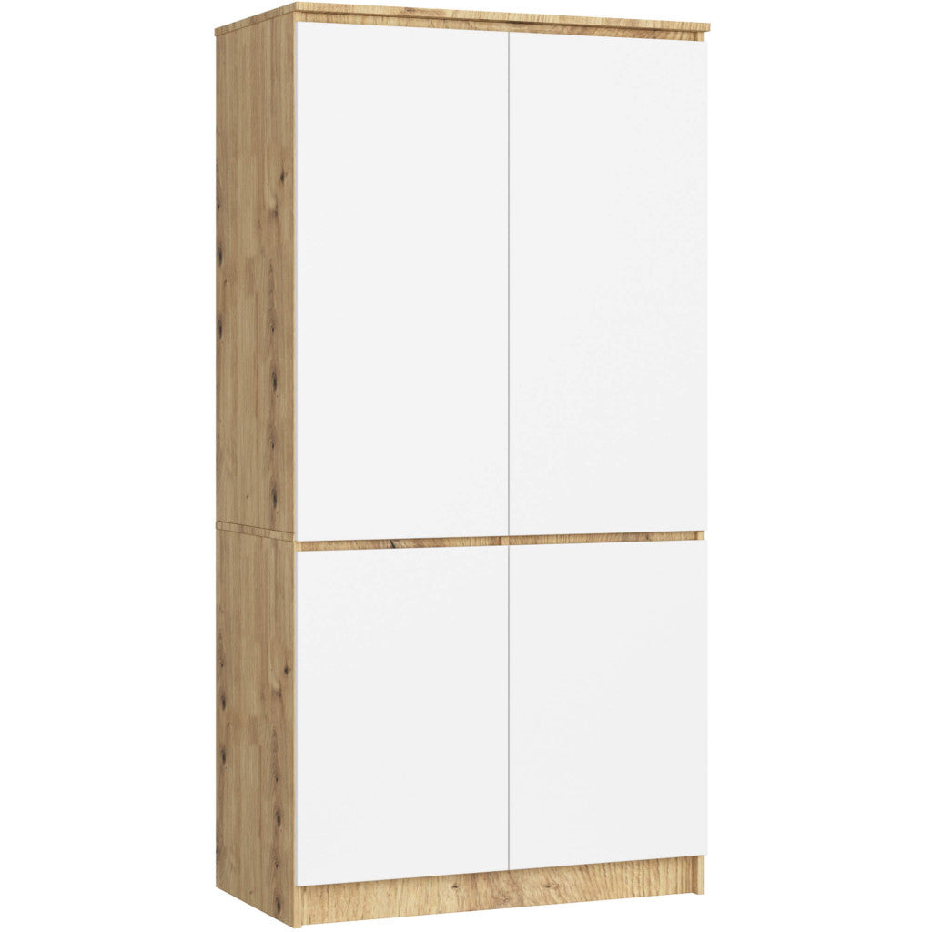 Dulap cu 4 usi, rafturi si bara pentru umerase, PAL laminat, 90x51x180 cm, stejar artisan si alb