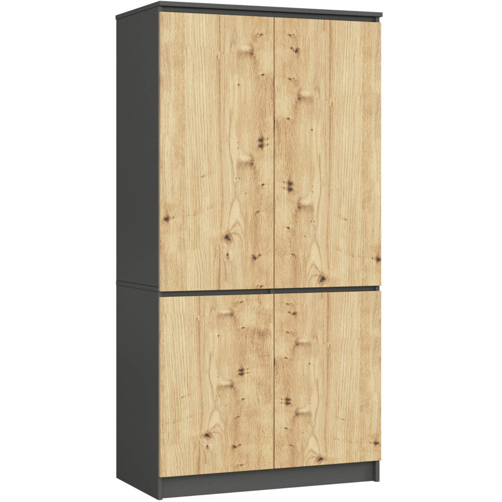 Dulap cu 4 usi, rafturi si bara pentru umerase, PAL laminat, 90x51x180 cm, gri grafit si stejar artisan