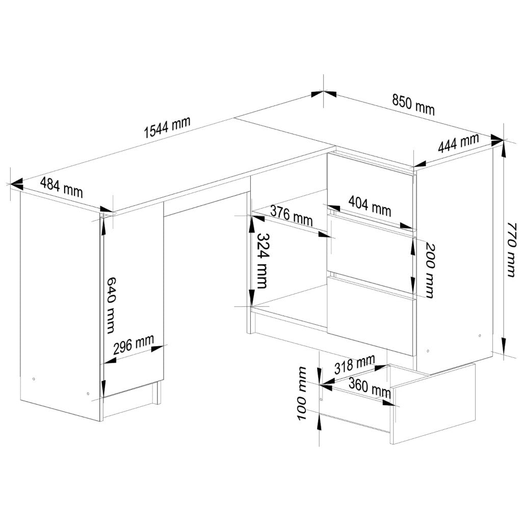 Birou colt dreapta in L cu 3 sertare si rafturi, PAL laminat 16 mm, 155x85x77 cm, alb - 2
