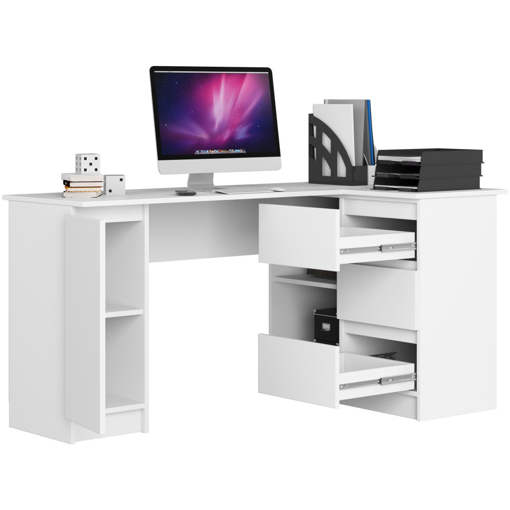Birou colt dreapta in L cu 3 sertare si rafturi, PAL laminat 16 mm, 155x85x77 cm, alb - 4