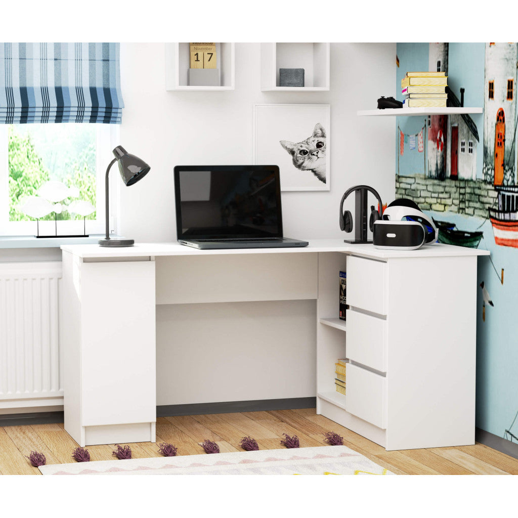 Birou colt dreapta in L cu 3 sertare si rafturi, PAL laminat 16 mm, 155x85x77 cm, alb - 5