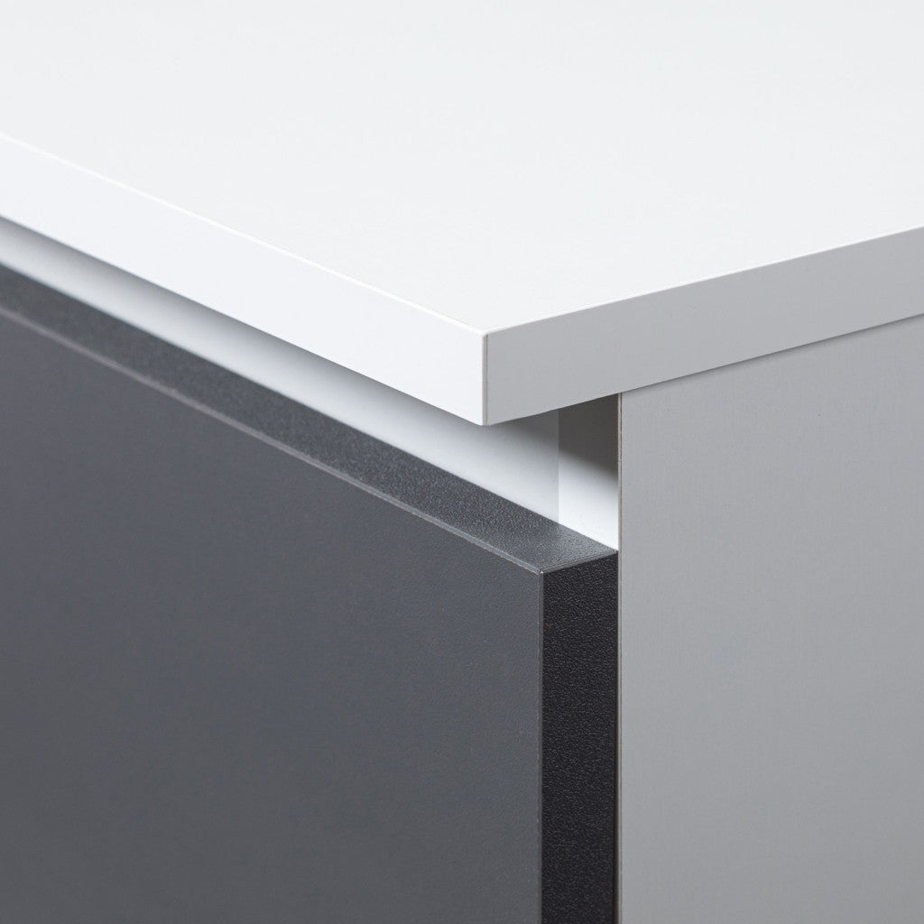 Birou colt dreapta in L cu 3 sertare si rafturi, PAL laminat 16 mm, 155x85x77 cm, alb si gri