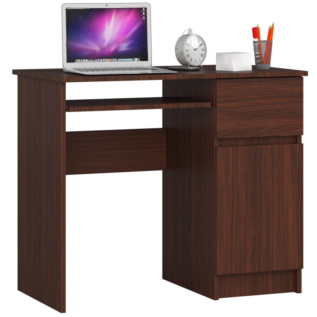 Birou computer PIKSEL, cu sertar, dulap si raft pentru tastatura, dreapta, 90x50x77 cm, maro wenge