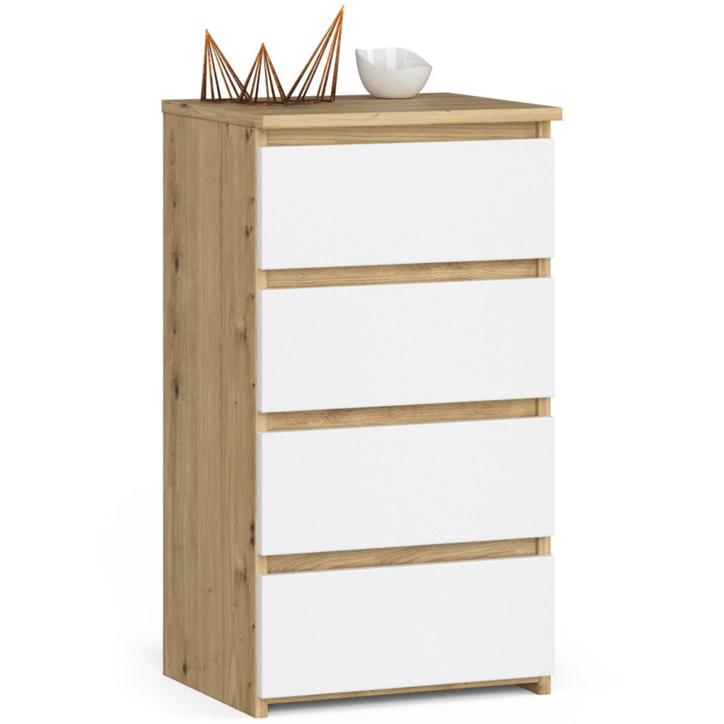 Comoda cu 4 sertare, PAL laminat 16mm, 40x35x74 cm, stejar artisan si alb