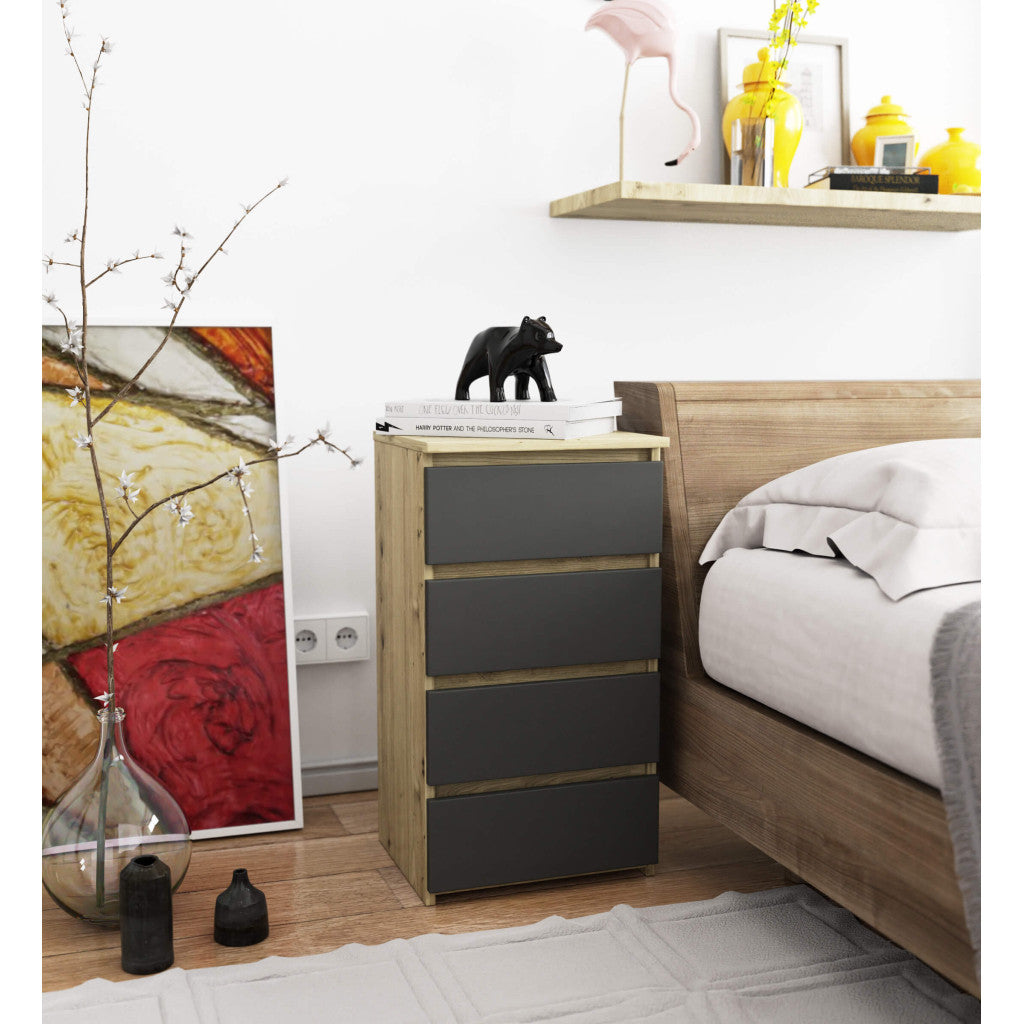 Comoda cu 4 sertare, PAL laminat 16mm, 40x35x74 cm, stejar artisan si gri