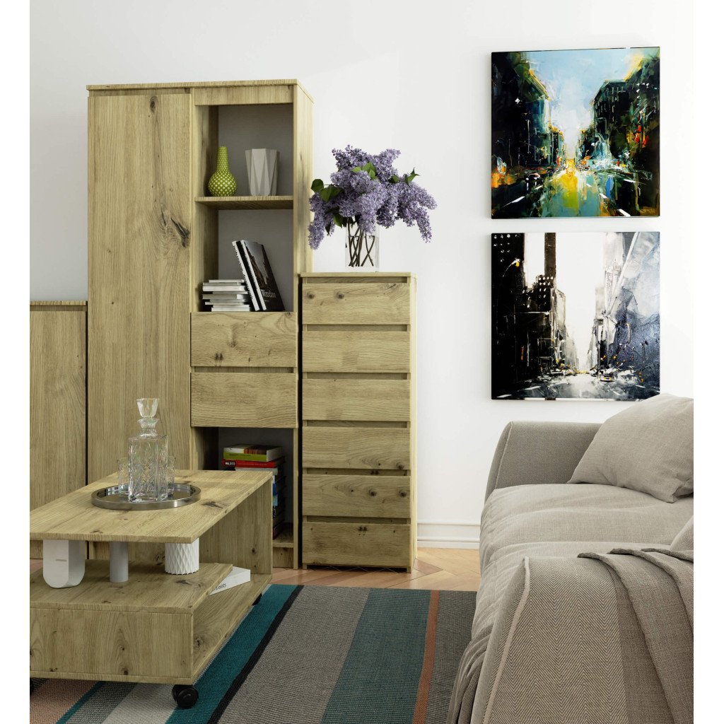 Comoda cu 6 sertare, PAL laminat 16 mm, 40x35x109 cm, stejar artisan