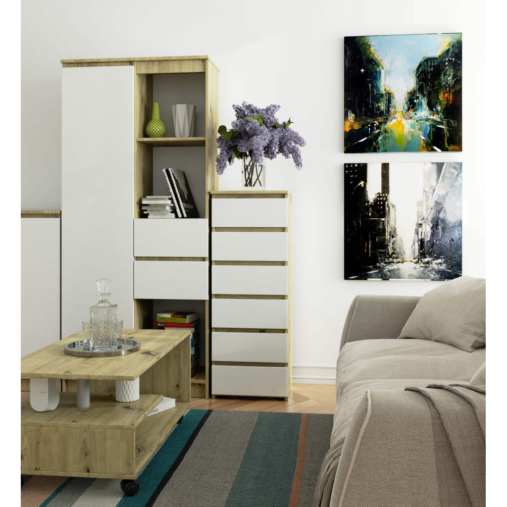 Comoda cu 6 sertare, PAL laminat 16 mm, 40x35x109 cm, stejar artisan si alb