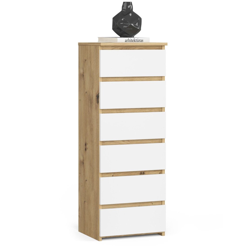 Comoda cu 6 sertare, PAL laminat 16 mm, 40x35x109 cm, stejar artisan si alb