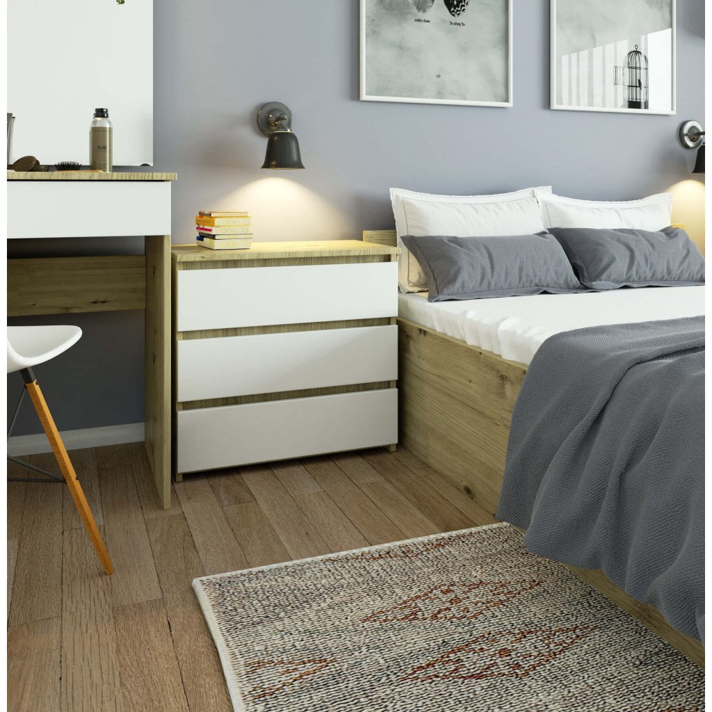 Noptiera cu 3 sertare, PAL laminat 16 mm, 60x35x57 cm, stejar artisan si alb