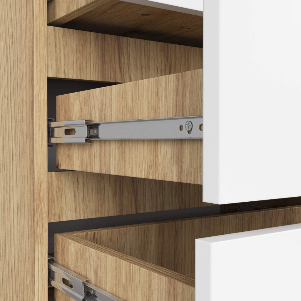 Noptiera cu 3 sertare, PAL laminat 16 mm, 60x35x57 cm, stejar artisan si alb