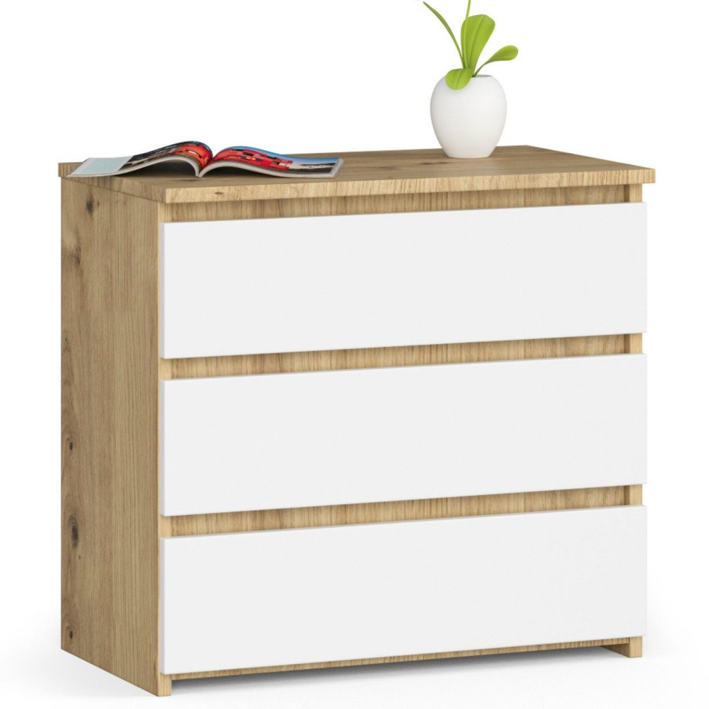 Noptiera cu 3 sertare, PAL laminat 16 mm, 60x35x57 cm, stejar artisan si alb
