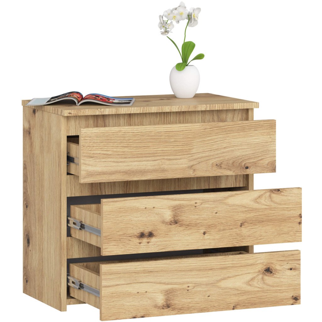 Noptiera cu 3 sertare, PAL laminat 16 mm, 60x35x57 cm, stejar artisan