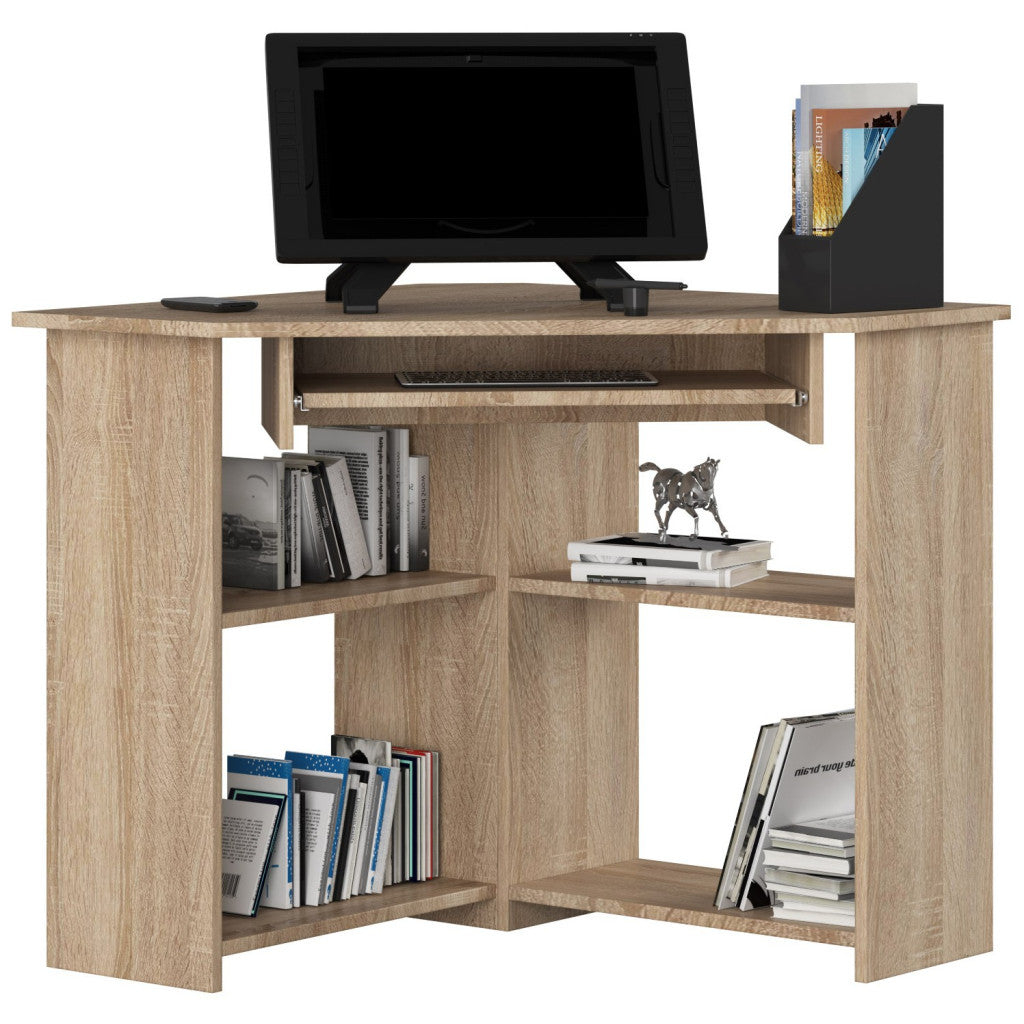 Birou de colt TED, cu rafturi si polita glisanta pentru tastatura, 80x80x74 cm, stejar sonoma