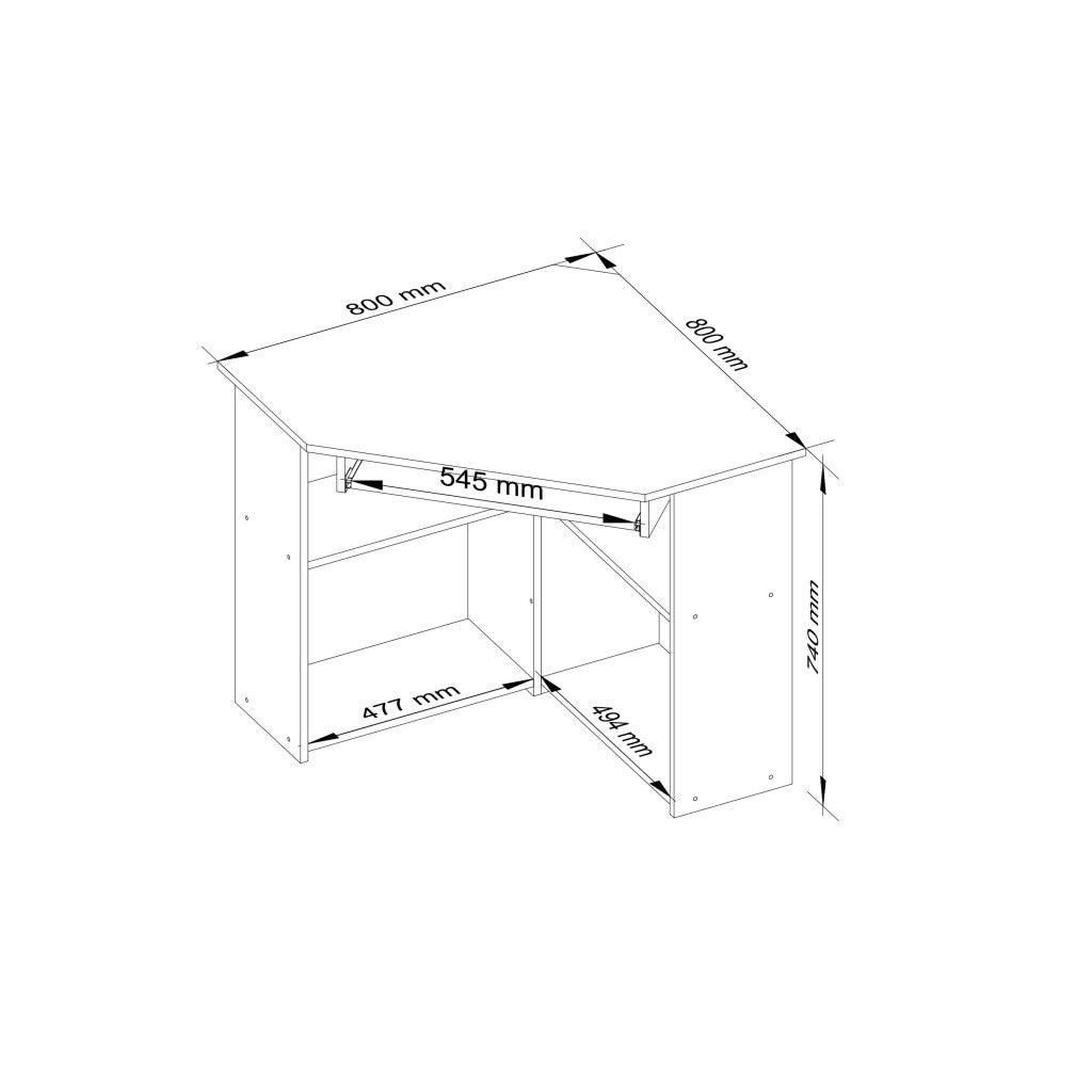 Birou de colt TED, cu rafturi si polita glisanta pentru tastatura, 80x80x74 cm, stejar sonoma