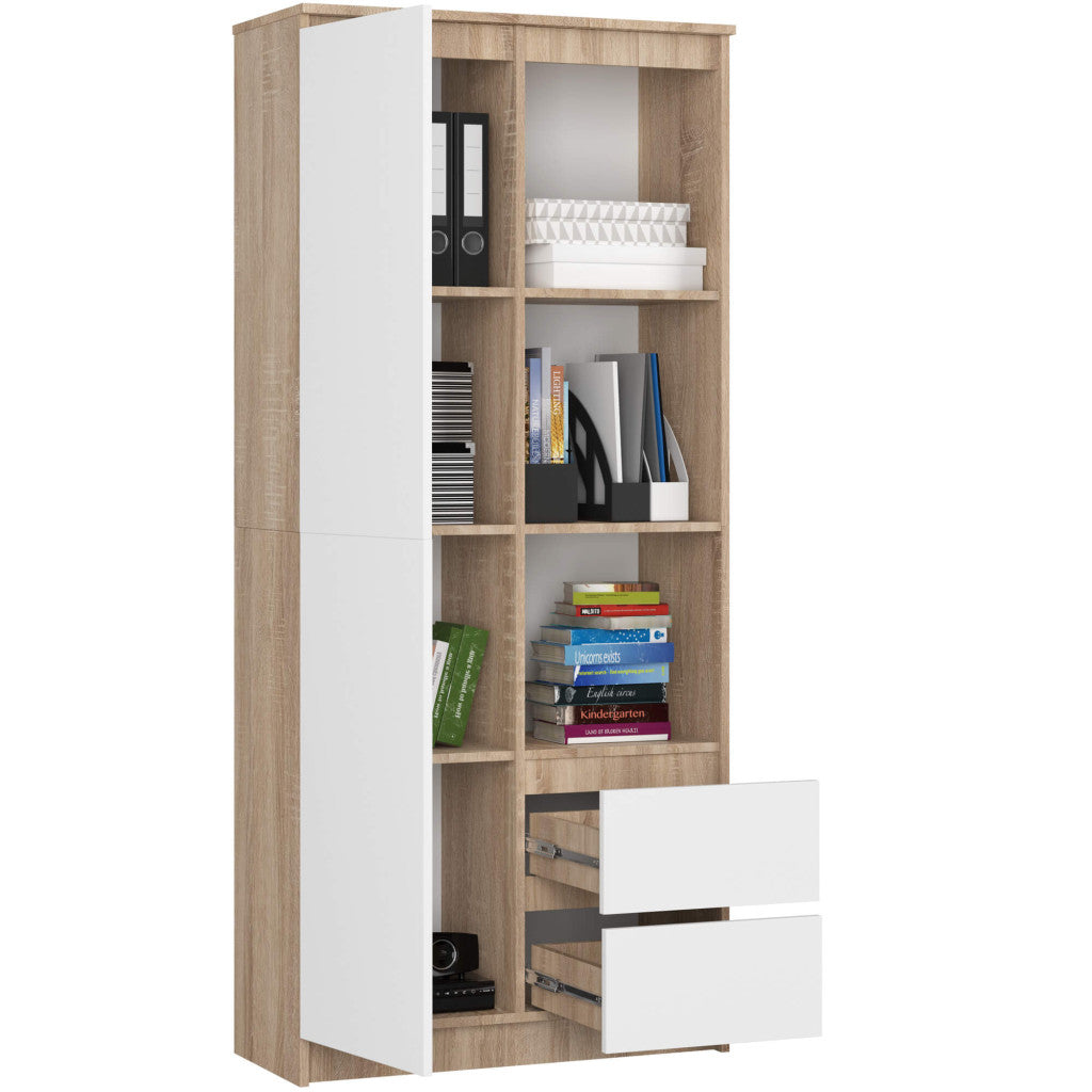 Dulap cu usa, 2 sertare si 7 rafturi, PAL laminat 16 mm, 80x35x180 cm, sonoma si alb