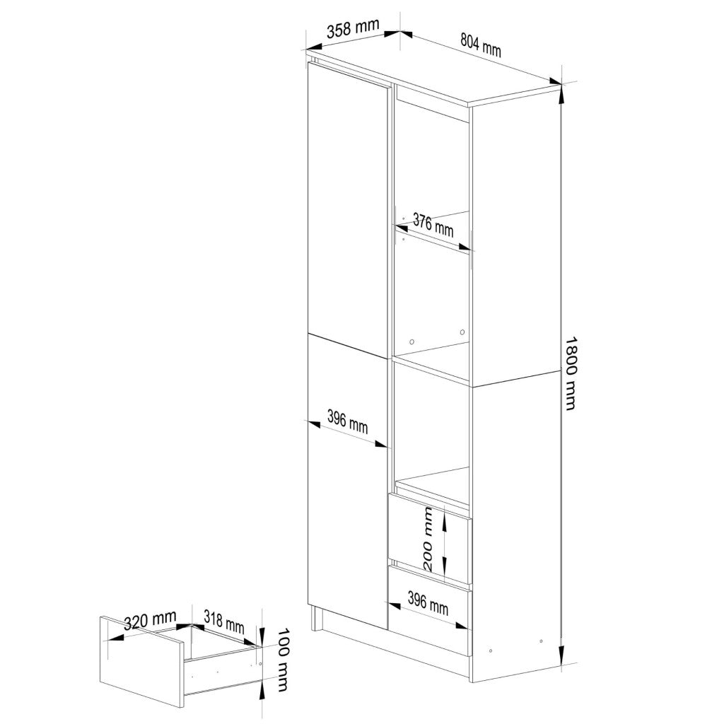Dulap cu usa, 2 sertare si 7 rafturi, PAL laminat 16 mm, 80x35x180 cm, sonoma si alb